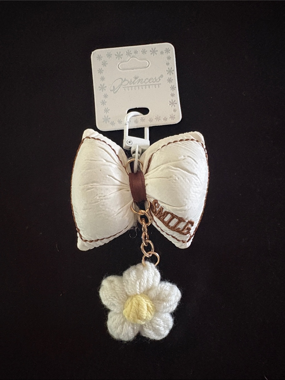 Cute White Bow Keychain Bag Charm Zipper Pull with Crochet White Daisy Charm